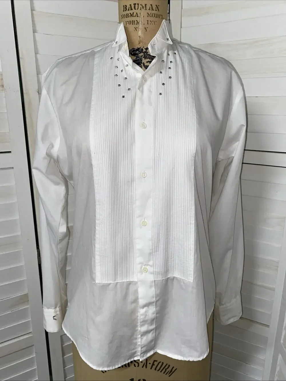 80s Fashion Gear White Tuxedo Shirt Pleated Front Long Sleeve Rhinestone Small